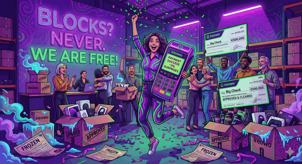 Business owner celebrating with an Ireowo payment terminal showing Payment Success, surrounded by approved boxes and €500,000 checks, with frozen fund notices discarded on the floor