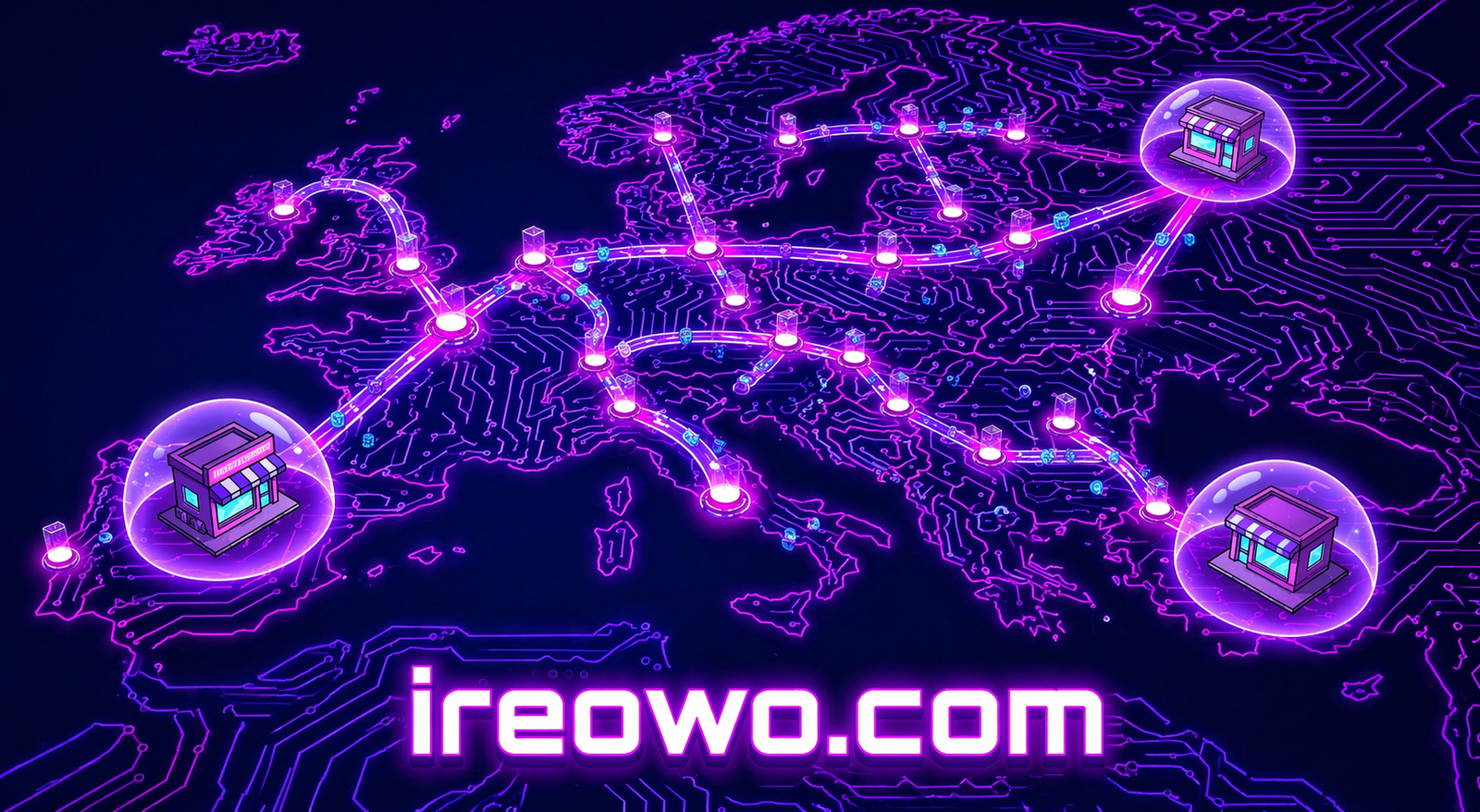 Neon map of Europe showing smart payment routing network connecting protected high-risk merchants across multiple acquiring banks Ireowo.com