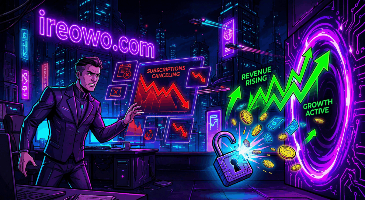 Futuristic illustration of a merchant watching subscription cancellations turn into rising revenue after activating a high-risk payment gateway Ireowo.com
