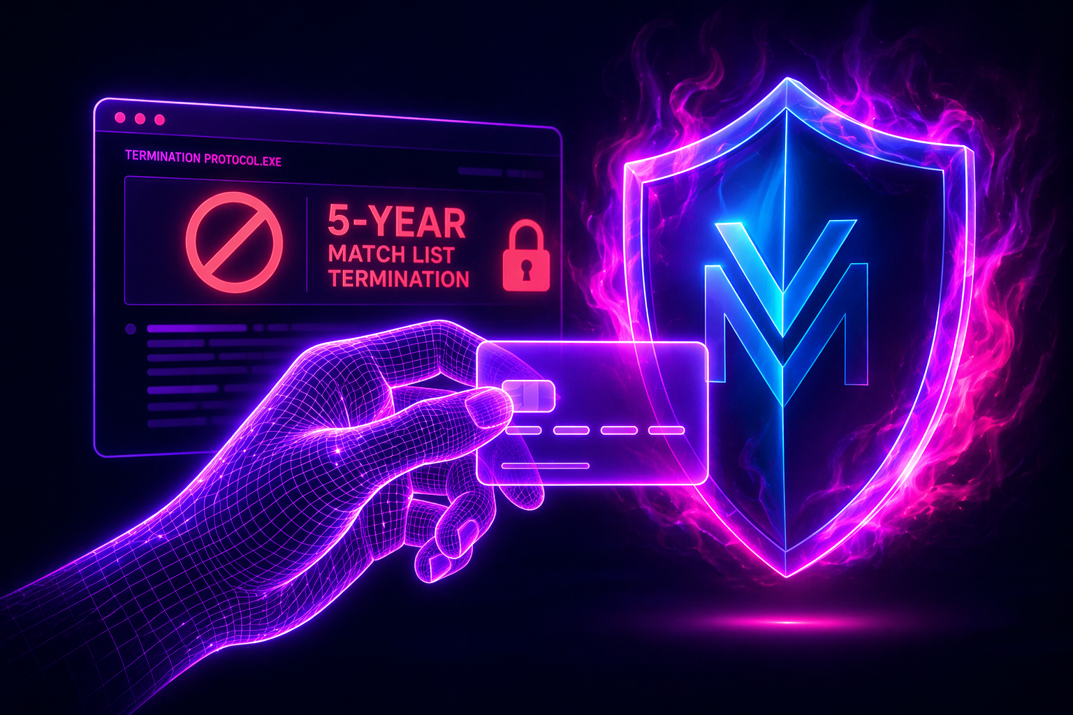 Digital hand holding credit card facing MATCH list termination screen with 5-year payment processing ban warning