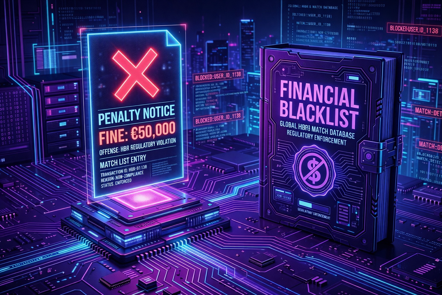 A glowing digital penalty notice displaying a 50,000 euro fine next to a futuristic financial blacklist book on a neon circuit board