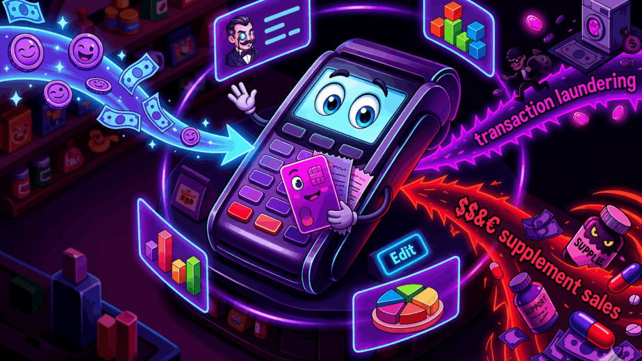 Animated POS terminal processing transactions from an unapproved high-risk business, illustrating how transaction laundering and payment cloaking work