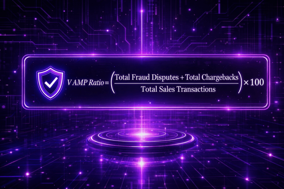 Neon graphic showing the official Visa VAMP Ratio formula: Total Fraud Disputes plus Total Chargebacks, divided by Total Sales Transactions, multiplied by 100. Essential calculation for high-risk merchant accounts