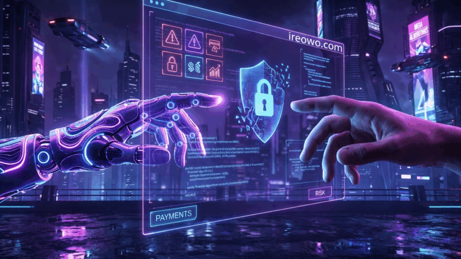 Futuristic biomechanical hand and human hand separated by a neon holographic security barrier representing high risk merchant account rules