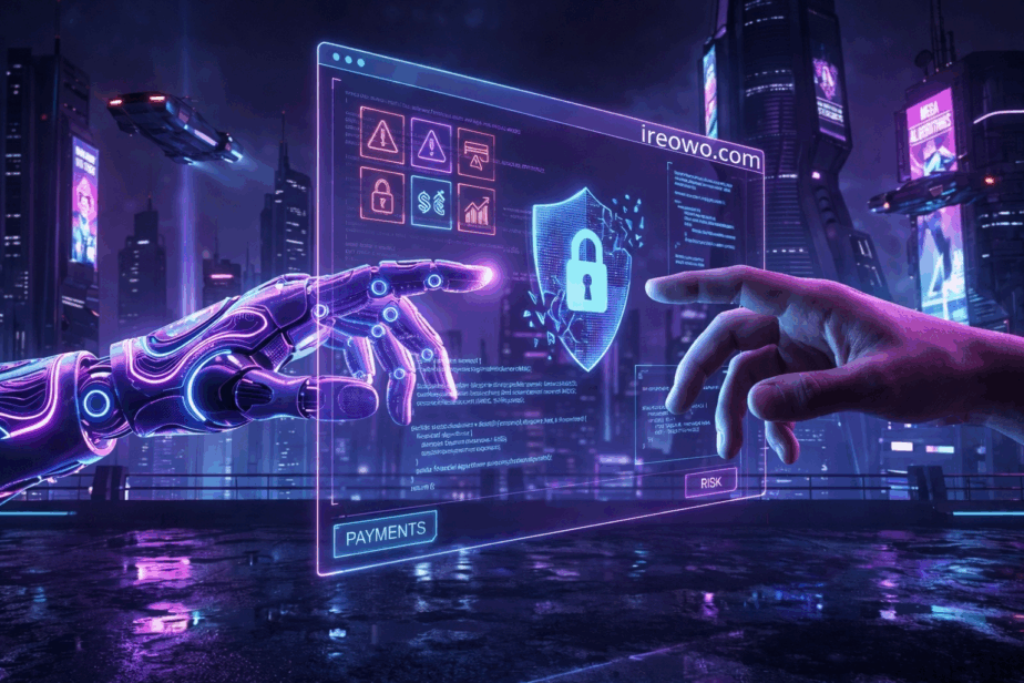 Futuristic biomechanical hand and human hand separated by a neon holographic security barrier representing high risk merchant account rules