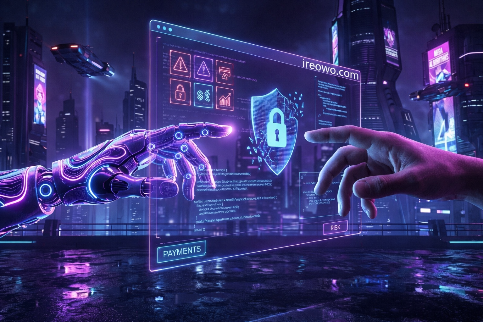 Futuristic biomechanical hand and human hand separated by a neon holographic security barrier representing high risk merchant account rules
