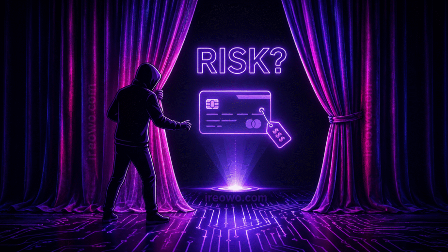 Una persona abriendo una cortina digital morada para revelar una tarjeta de crédito holográfica y la palabra RISK, simbolizando las comisiones ocultas de los bancos.