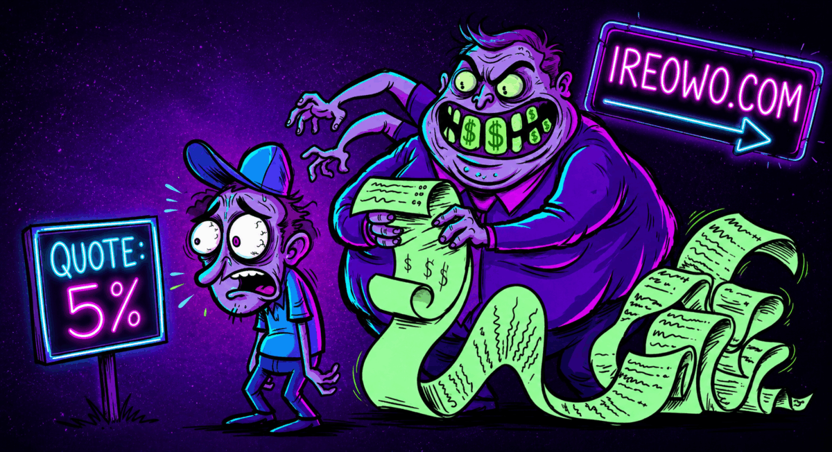 Caricature of a shocked merchant looking at a 5 percent quote while a giant monster representing hidden IC++ fees looms behind. Neon style featuring the Ireowo.com brand