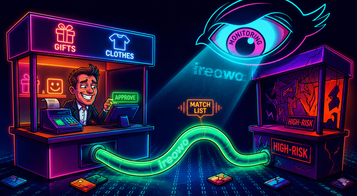 Esquema de laundering de transacciones usando una tienda pantalla de bajo riesgo para procesar pagos de un negocio de alto riesgo, detectado por monitoreo y añadido a la lista MATCH