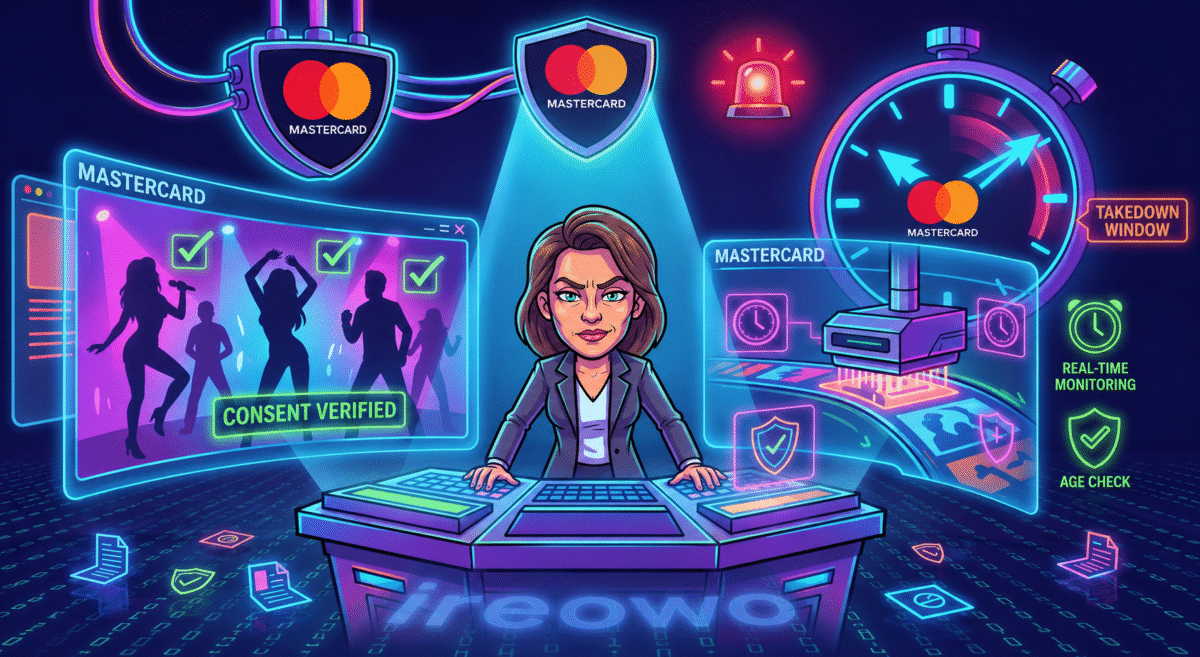 Sistema de cumplimiento de Mastercard para plataformas de contenido adulto con verificación de consentimiento, monitoreo en tiempo real y ventana de eliminación