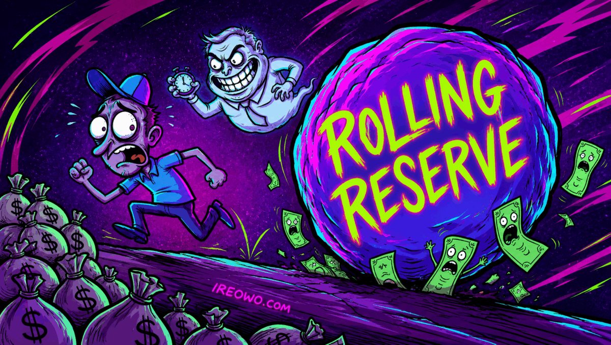Scared merchant running away from a massive neon boulder labeled Rolling Reserve that is crushing money bags. Purple neon art style featuring Ireowo.com