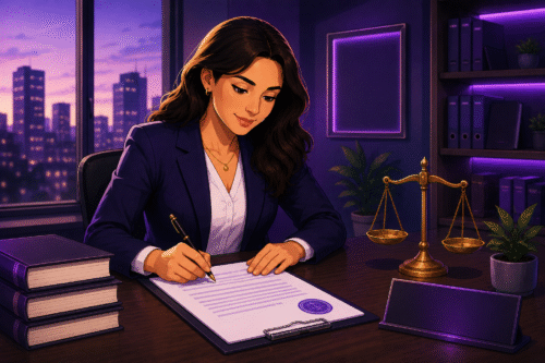 Una abogada profesional firmando documentos legales en un escritorio de oficina con vistas a la ciudad al anochecer, junto a la balanza de la justicia.