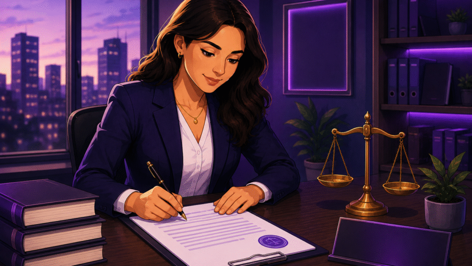 Una abogada profesional firmando documentos legales en un escritorio de oficina con vistas a la ciudad al anochecer, junto a la balanza de la justicia.