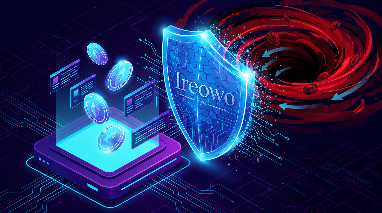 Escudo digital Ireowo para seguridad en procesamiento de pagos de alto riesgo, representado como un vórtice de protección