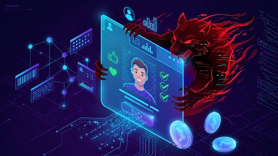 Monstruo cibernético rojo acechando escondido detrás de una interfaz digital azul que muestra el perfil de un usuario verificado.