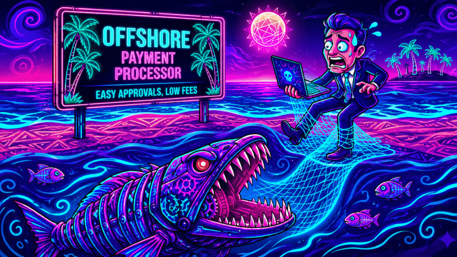 Ilustración estilo neón de un comerciante de alto riesgo atrapado en una red por un pez robótico, frente a un cartel de procesador de pagos offshore con falsas promesas.