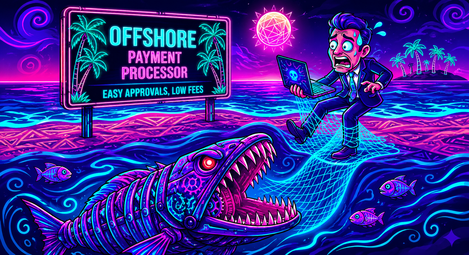 Ilustración estilo neón de un comerciante de alto riesgo atrapado en una red por un pez robótico, frente a un cartel de procesador de pagos offshore con falsas promesas.