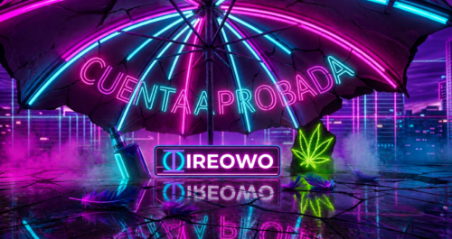 Letrero de neón bajo un paraguas con el texto Cuenta Aprobada junto al logo de IREOWO, un vapeador y una hoja de CBD.