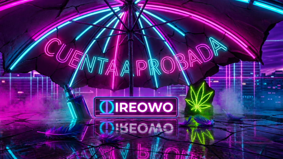 Letrero de neón bajo un paraguas con el texto Cuenta Aprobada junto al logo de IREOWO, un vapeador y una hoja de CBD.