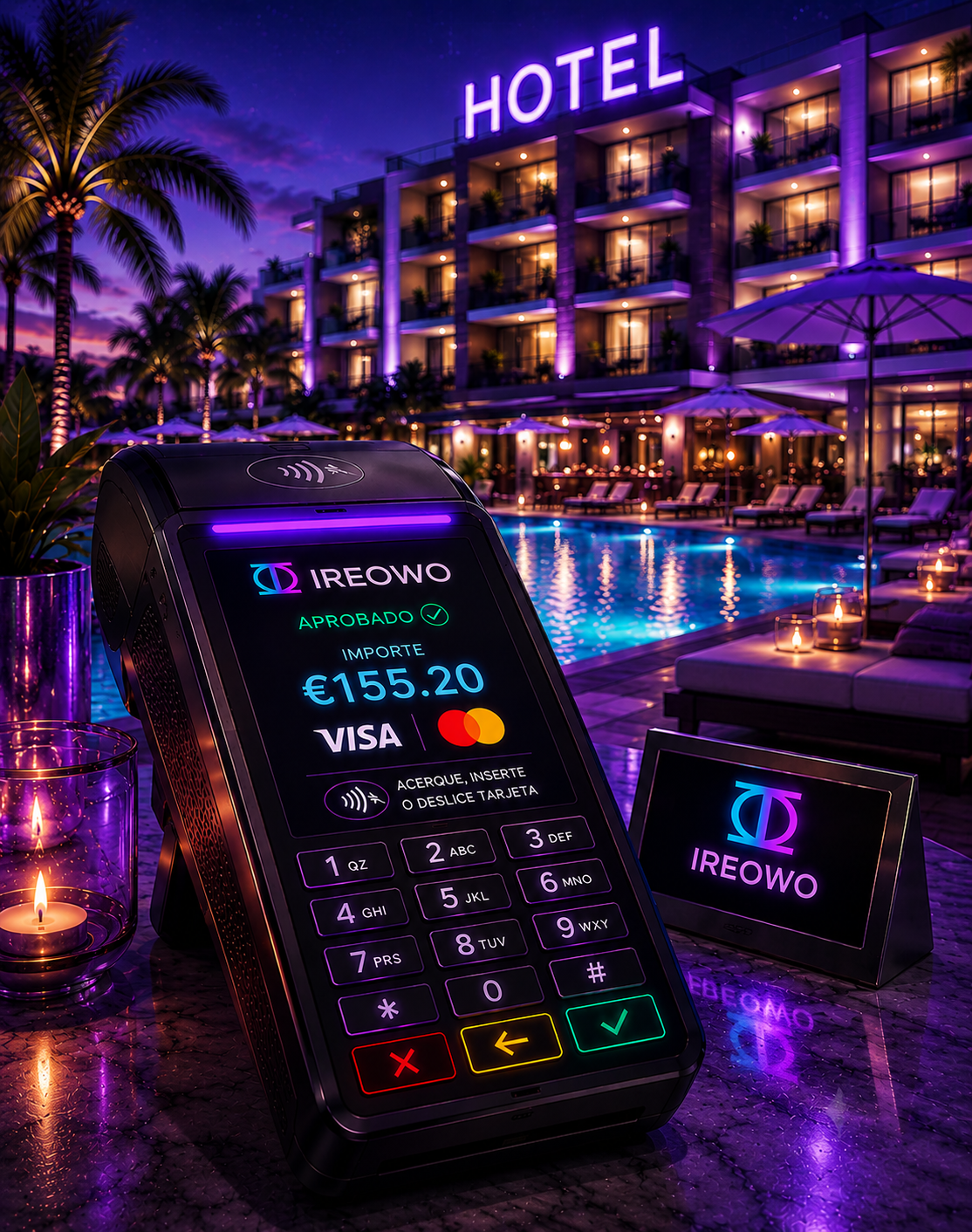 Datáfono Ireowo para cadenas hoteleras junto a una piscina iluminada de noche