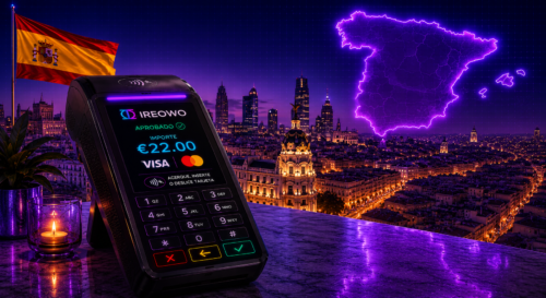Datáfono Ireowo para el sector hotelero en España con la ciudad de Barcelona de fondo.