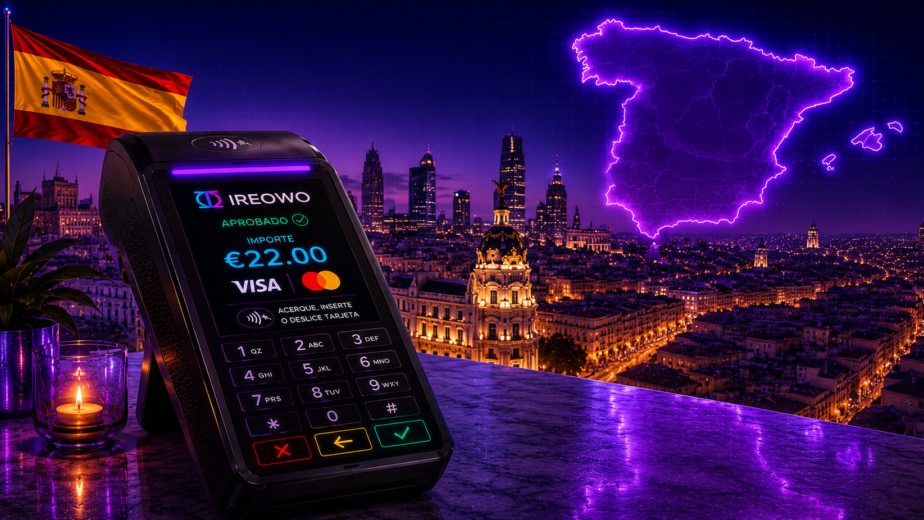 Datáfono Ireowo para el sector hotelero en España con la ciudad de Barcelona de fondo.