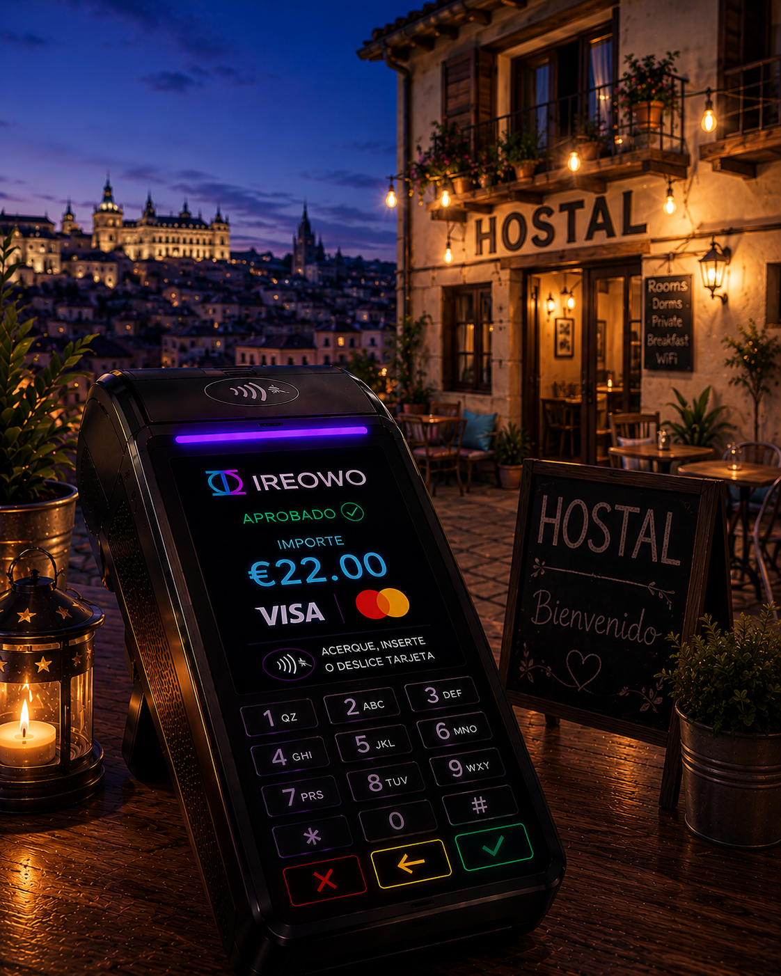 Datáfono Ireowo procesando un pago aprobado en la terraza de un hostal tradicional al atardecer