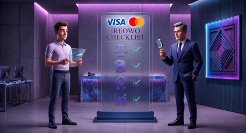 Dos profesionales en una oficina moderna mirando una pantalla holográfica brillante de 'IREOWO CHECKLIST', con Visa, Mastercard y elementos marcados para cumplimiento y documentación.