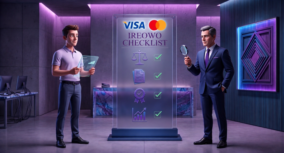 Dos profesionales en una oficina moderna mirando una pantalla holográfica brillante de 'IREOWO CHECKLIST', con Visa, Mastercard y elementos marcados para cumplimiento y documentación.