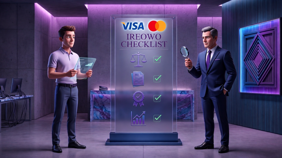 Dos profesionales en una oficina moderna mirando una pantalla holográfica brillante de 'IREOWO CHECKLIST', con Visa, Mastercard y elementos marcados para cumplimiento y documentación.