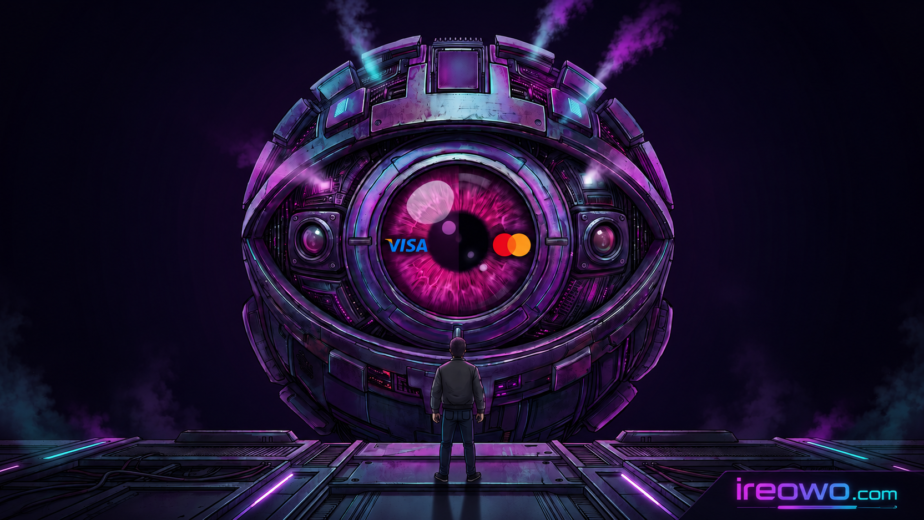 Ilustración de un ojo cibernético gigante con los logotipos de Visa y Mastercard vigilando a un comerciante, representando los estrictos programas de monitoreo de chargebacks.