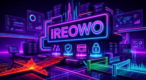 Centro de datos iluminado con neón mostrando el logo de IREOWO junto a iconos de seguridad, tarjetas de crédito y protección de datos para comercios.