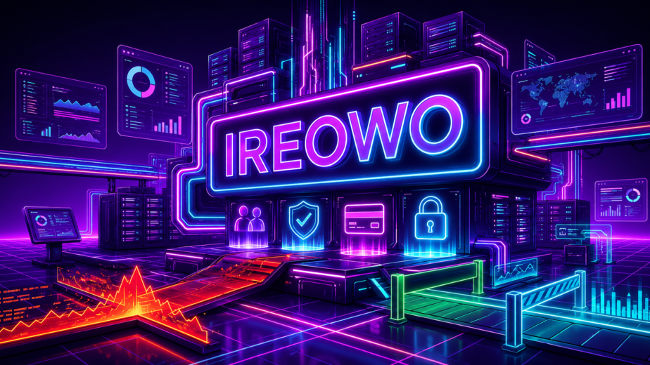 Centro de datos iluminado con neón mostrando el logo de IREOWO junto a iconos de seguridad, tarjetas de crédito y protección de datos para comercios.