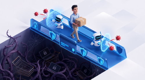 Comerciante caminando seguro sobre un puente en forma de tarjeta de crédito, protegido por robots de Ireowo que repelen los riesgos operativos.