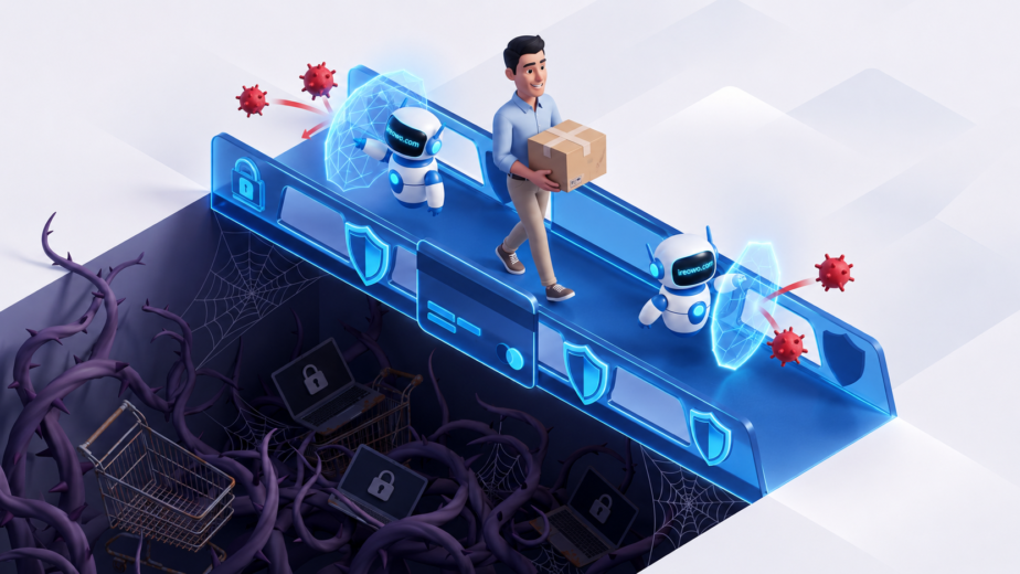 Comerciante caminando seguro sobre un puente en forma de tarjeta de crédito, protegido por robots de Ireowo que repelen los riesgos operativos.