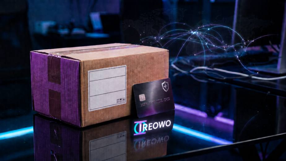 Paquete de envío junto a una tarjeta de pago segura Ireowo para una cuenta de alto riesgo dropshipping en Europa y USA