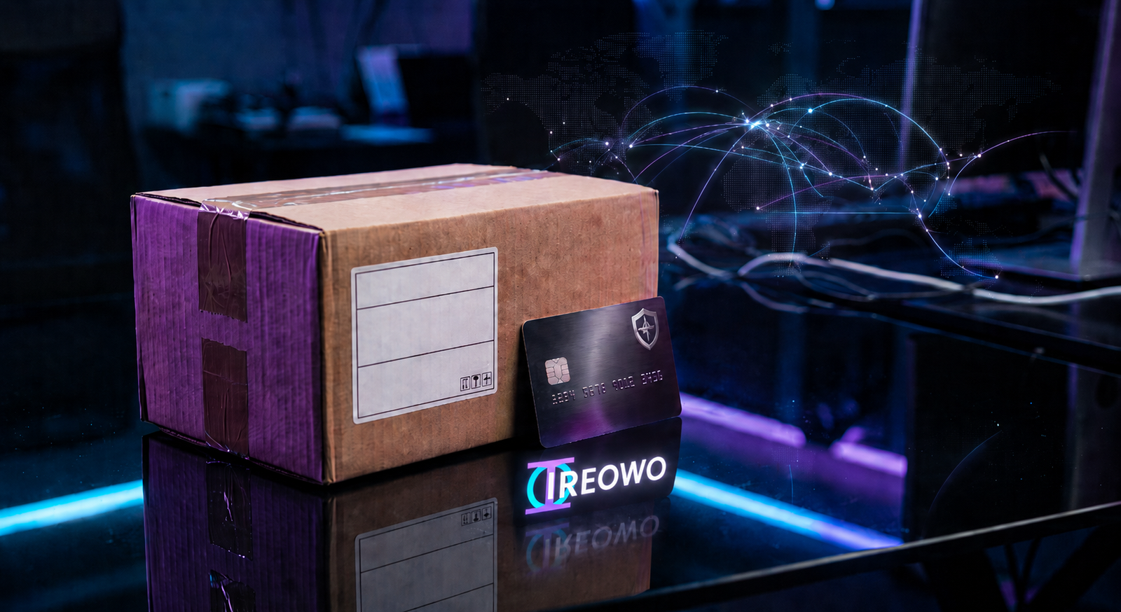 Paquete de envío junto a una tarjeta de pago segura Ireowo para una cuenta de alto riesgo dropshipping en Europa y USA