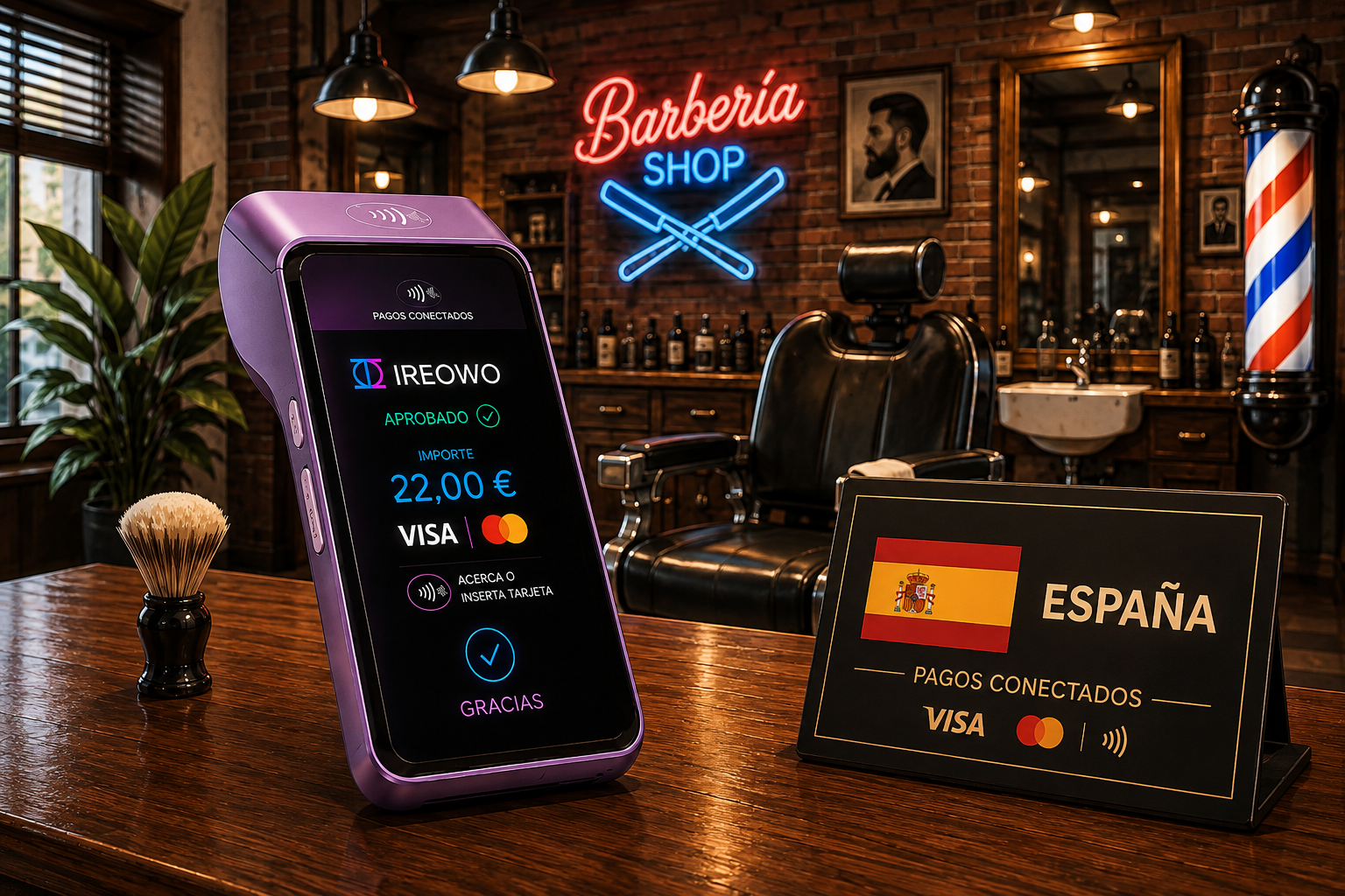 Datáfono Ireowo en el mostrador de una barbería en España mostrando un pago aprobado de 22 euros