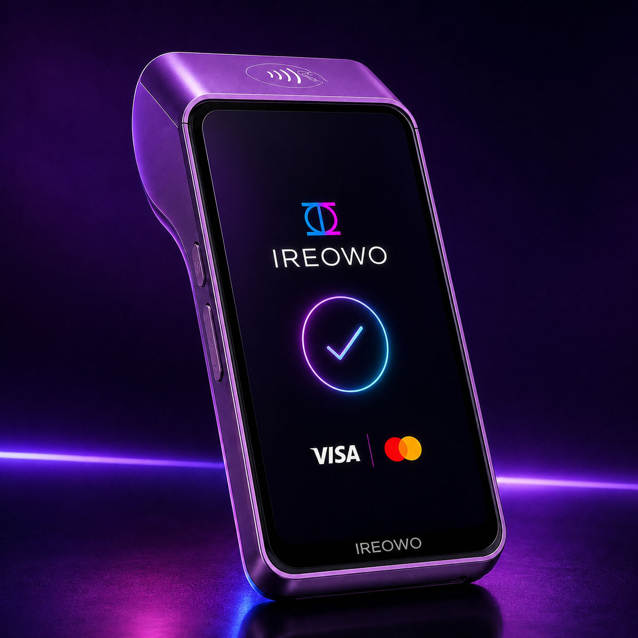 Datáfono Ireowo mostrando una transacción aprobada con soporte de Visa y Mastercard