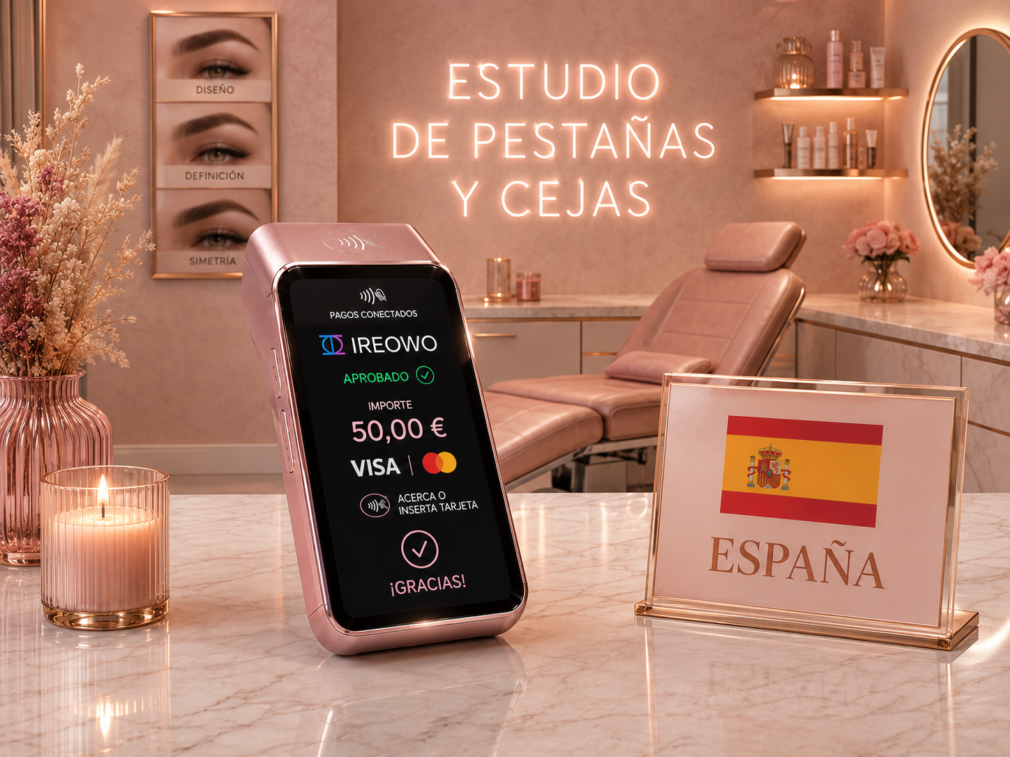 Datáfono aprobando un pago de 50 euros en un estudio de pestañas y cejas en España