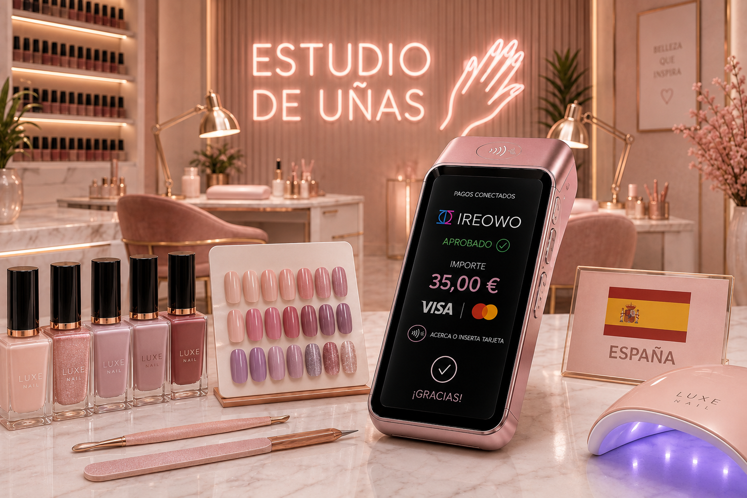 Datáfono confirmando un pago de 35 euros en un estudio de uñas en España