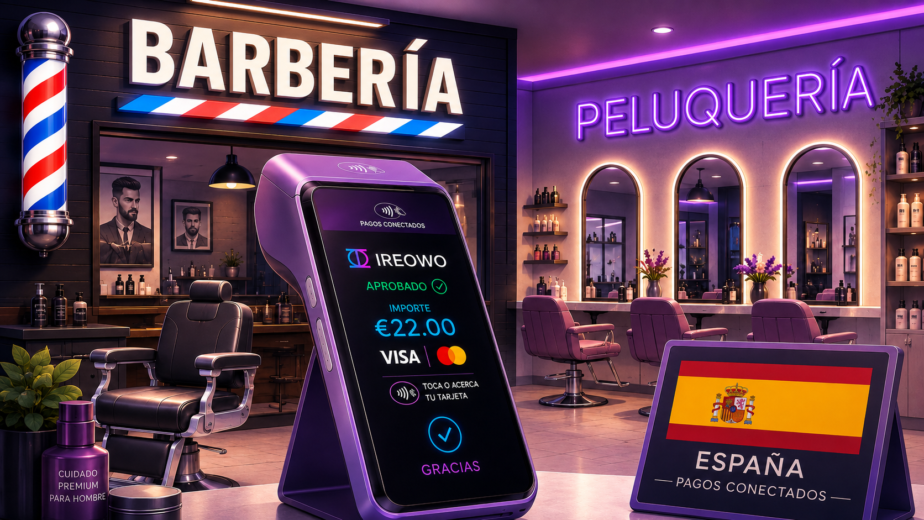 Datáfono Ireowo aprobando un pago sin contacto entre una barbería y una peluquería en España