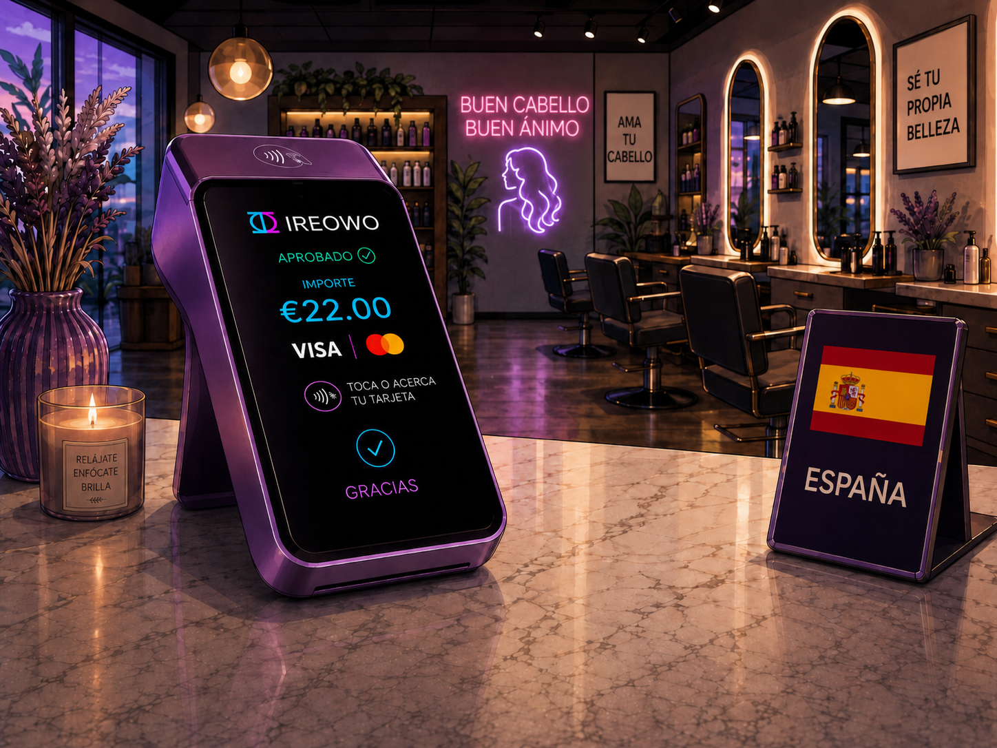 Datáfono en el mostrador de una peluquería en España procesando un pago sin contacto