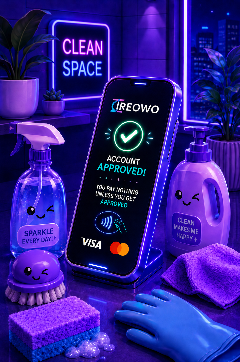 Notificación de cuenta de comercio aprobada para una empresa de limpieza en un dispositivo de pago