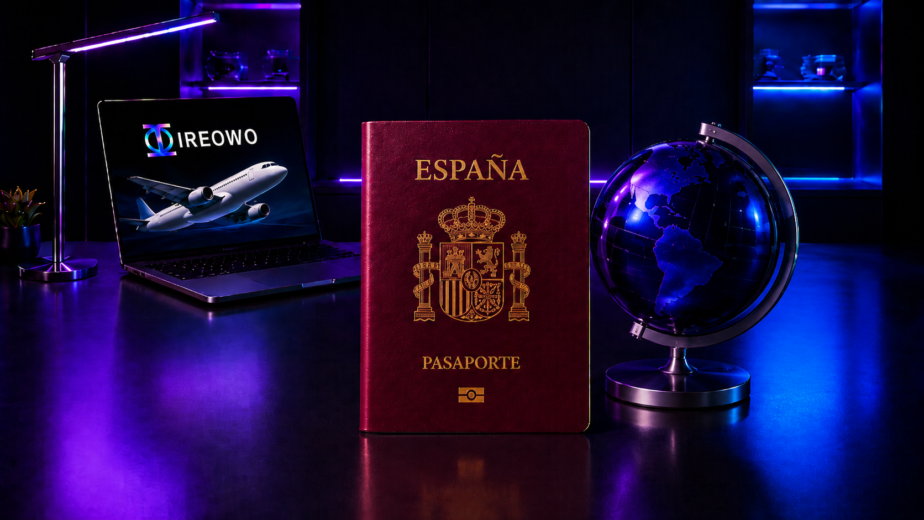 Pasaporte español junto a laptop con logo Ireowo, procesamiento de pagos para operadores turísticos en España