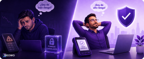 Comparación en dos escenas de un fundador estresado con fondos congelados en una pasarela de bajo riesgo, junto a un fundador relajado con un pago aprobado en una cuenta de comerciante de alto riesgo