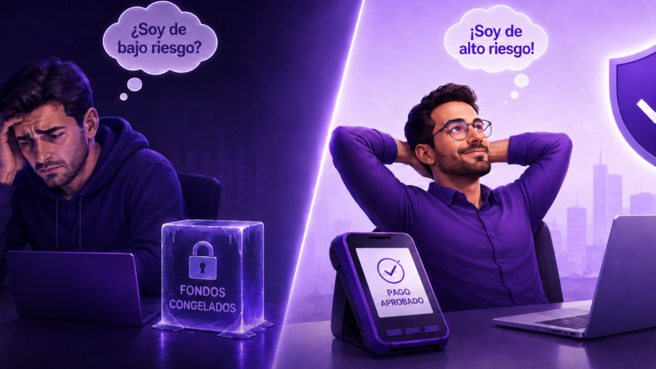 Comparación en dos escenas de un fundador estresado con fondos congelados en una pasarela de bajo riesgo, junto a un fundador relajado con un pago aprobado en una cuenta de comerciante de alto riesgo