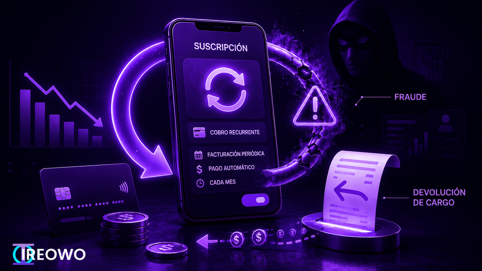 Smartphone mostrando una pantalla de pago por suscripción rodeada de iconos de fraude y contracargo, con una figura encapuchada que representa el fraude en facturación recurrente