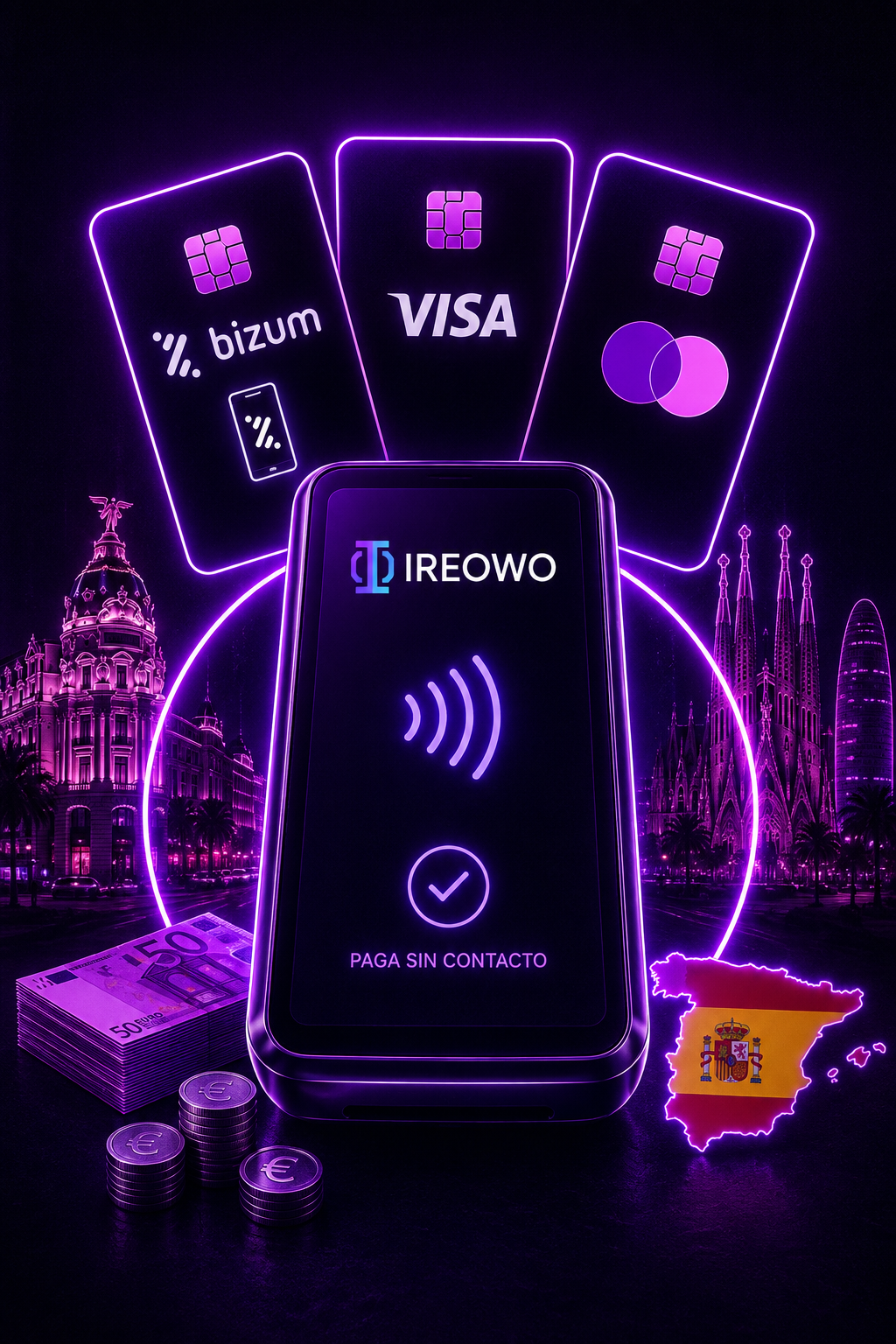 Tarjetas Bizum, Visa y Mastercard junto a un móvil con la pantalla de pago sin contacto de Ireowo y el mapa de España