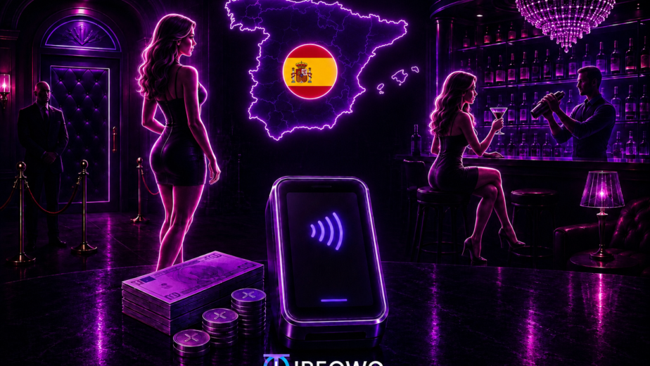 Datáfono y efectivo sobre la barra de un local de ocio nocturno en España con el mapa de España de fondo